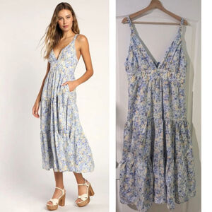 NWT Lulu's | Brightly Blossoming Light Blue Floral Tiered Midi Dress
